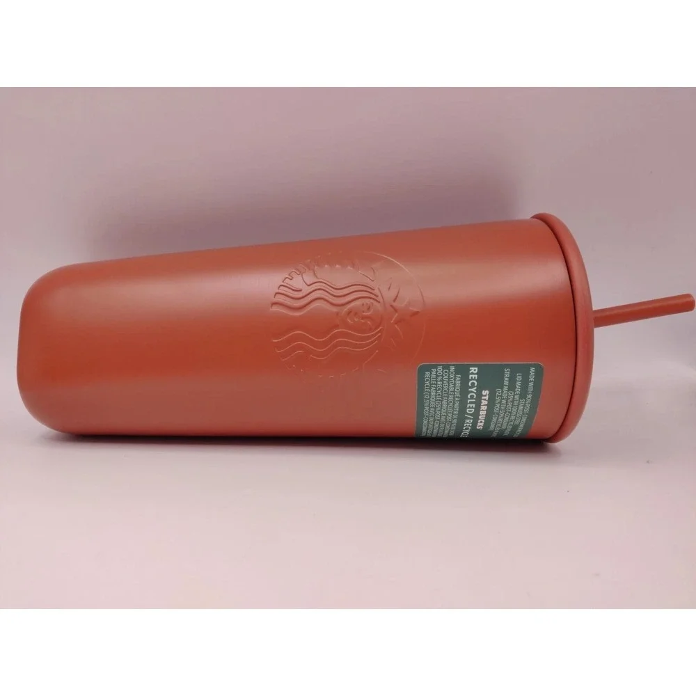 Starbucks 2024 Terracotta Recycled Stainless Steel Triangle Tumbler w Straw 24oz